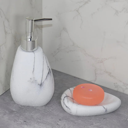 Elegant Marble Texture Resin Soap Dispenser, Manual Pump - Reusable Bathroom Liquid Dispenser Bottle for Hand Soap, Shampoo and Lotion - Slim White Design with