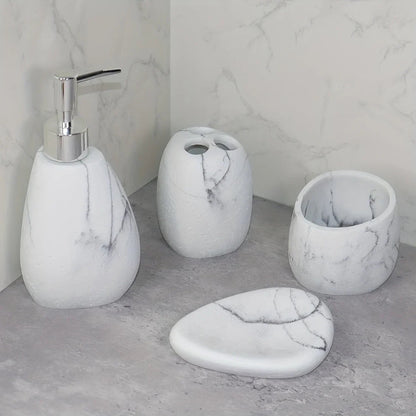 Elegant Marble Texture Resin Soap Dispenser, Manual Pump - Reusable Bathroom Liquid Dispenser Bottle for Hand Soap, Shampoo and Lotion - Slim White Design with