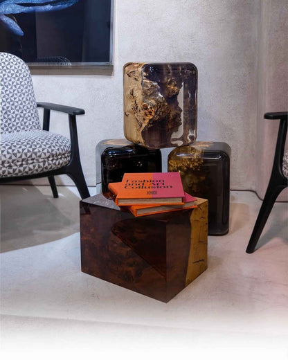 Resin Cube Side Table, Epoxy Wood Stool, Cube Accent Table