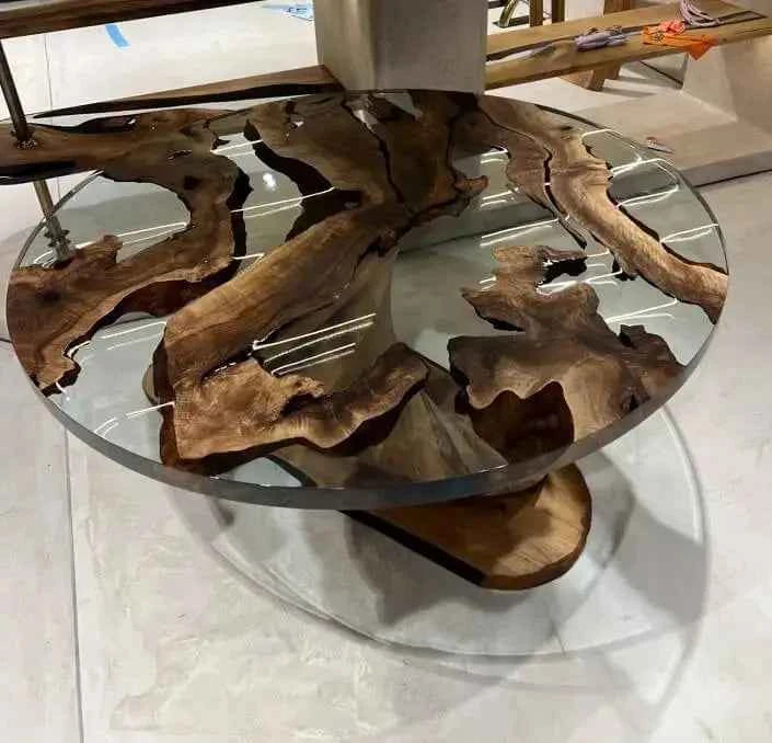 Round Epoxy Resin Table with Wooden Vortex Base Made of Walnut