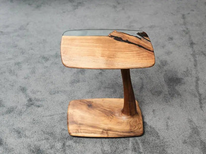 C-Shaped Walnut & Resin End Table with Wheels