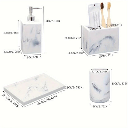 European Style 5-Piece Bathroom Accessory Set with Faux Marble Design - Includes Soap Dispenser, Toothbrush Holder, Tumbler, Soap Dish, and Tray - Elegant Vanity Countertop Ensemble for Home or Hotel Decor
