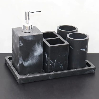European Style 5-Piece Bathroom Accessory Set with Faux Marble Design - Includes Soap Dispenser, Toothbrush Holder, Tumbler, Soap Dish, and Tray - Elegant Vanity Countertop Ensemble for Home or Hotel Decor