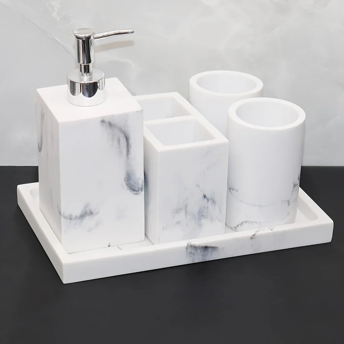 European Style 5-Piece Bathroom Accessory Set with Faux Marble Design - Includes Soap Dispenser, Toothbrush Holder, Tumbler, Soap Dish, and Tray - Elegant Vanity Countertop Ensemble for Home or Hotel Decor
