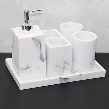 European Style 5-Piece Bathroom Accessory Set with Faux Marble Design - Includes Soap Dispenser, Toothbrush Holder, Tumbler, Soap Dish, and Tray - Elegant Vanity Countertop Ensemble for Home or Hotel Decor
