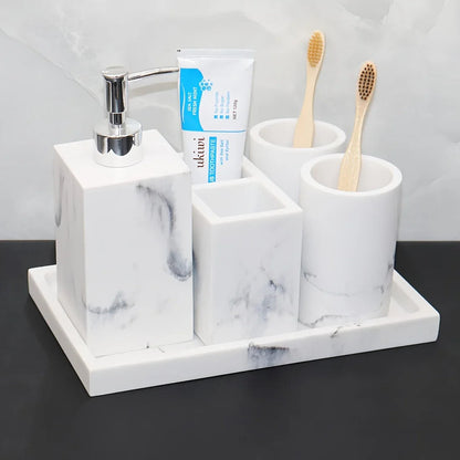 European Style 5-Piece Bathroom Accessory Set with Faux Marble Design - Includes Soap Dispenser, Toothbrush Holder, Tumbler, Soap Dish, and Tray - Elegant Vanity Countertop Ensemble for Home or Hotel Decor