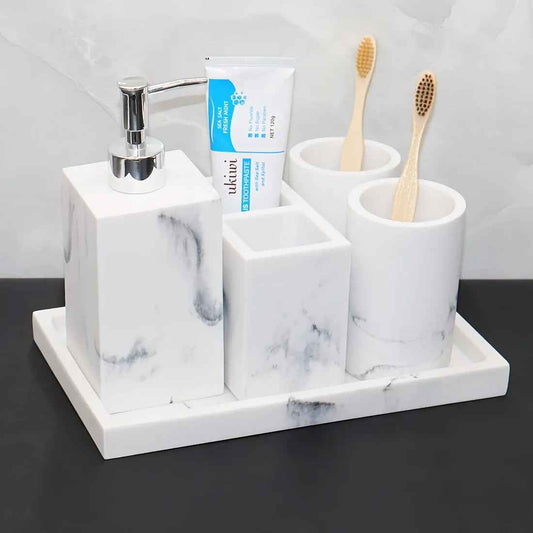 European Style 5-Piece Bathroom Accessory Set with Faux Marble Design - Includes Soap Dispenser, Toothbrush Holder, Tumbler, Soap Dish, and Tray - Elegant Vanity Countertop Ensemble for Home or Hotel Decor
