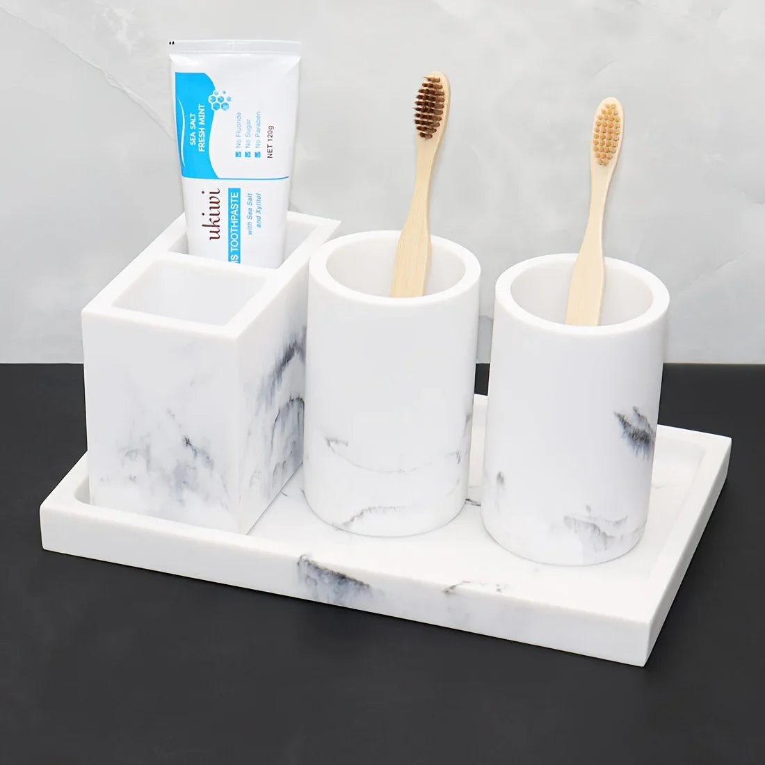 European Style 5-Piece Bathroom Accessory Set with Faux Marble Design - Includes Soap Dispenser, Toothbrush Holder, Tumbler, Soap Dish, and Tray - Elegant Vanity Countertop Ensemble for Home or Hotel Decor