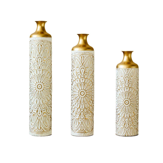 3 Piece Home Decoration Large Glazed Floor Vases - Gold / White