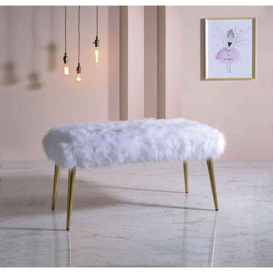 Bagley II - 20" Bench - White Faux Fur & Gold