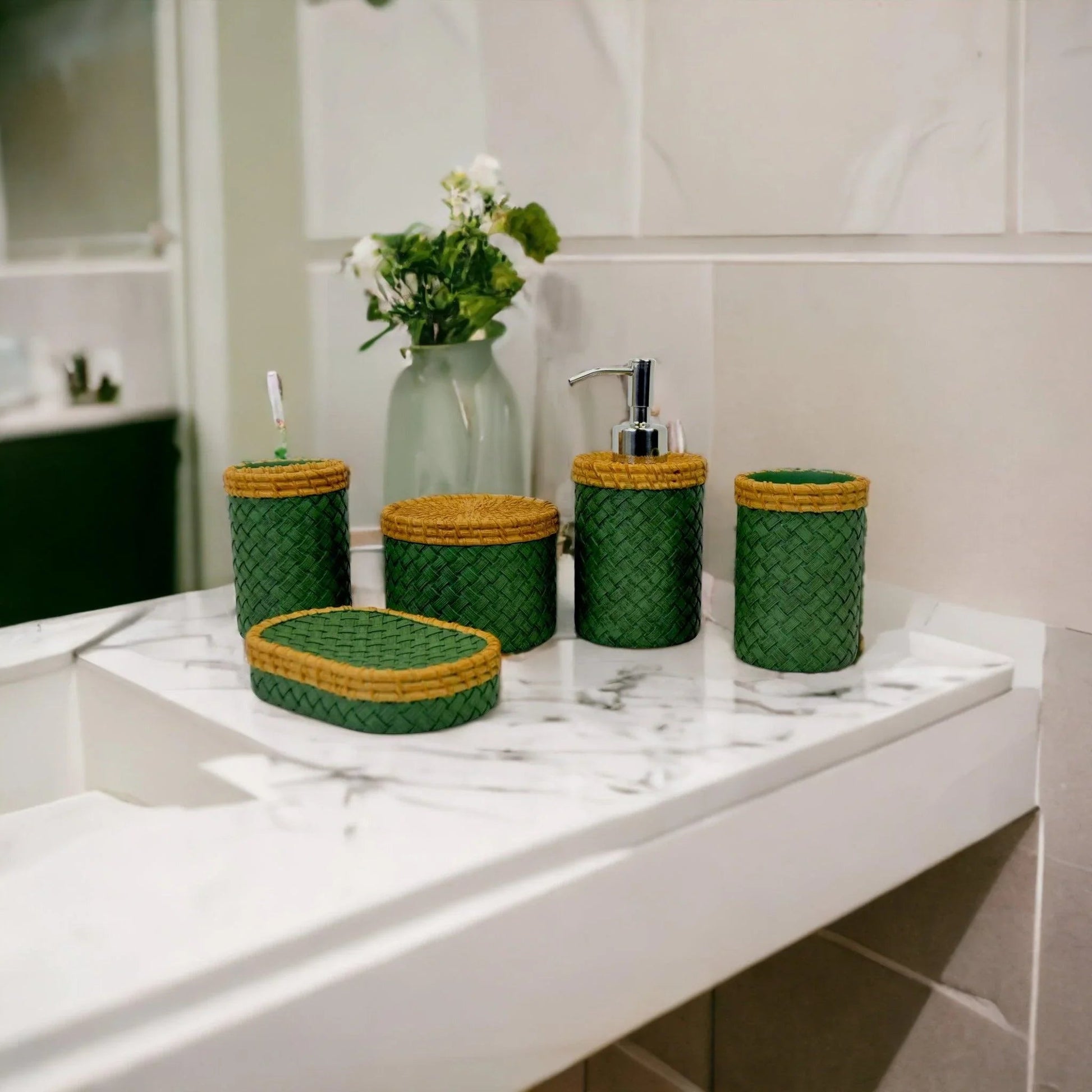 Five Piece Bathroom Set in Green and Beige Colors - PoshaBella