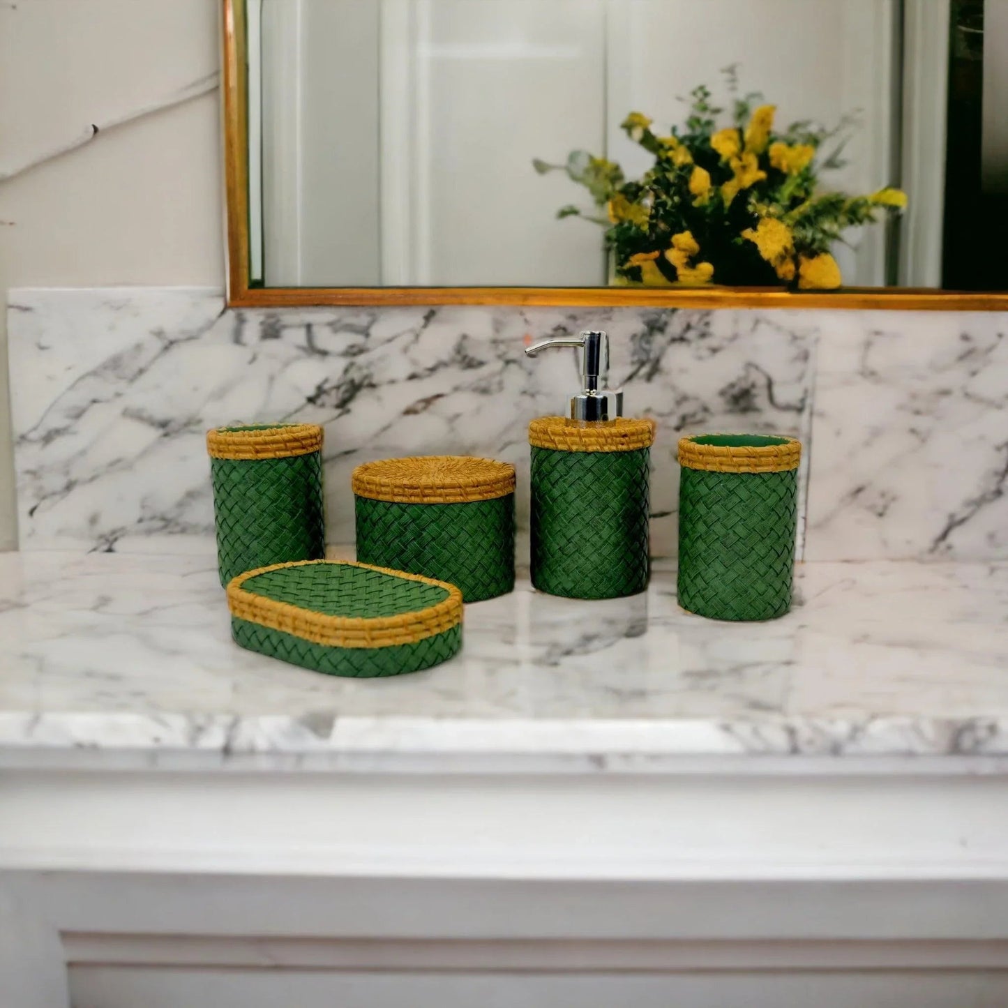 Five Piece Bathroom Set in Green and Beige Colors - PoshaBella