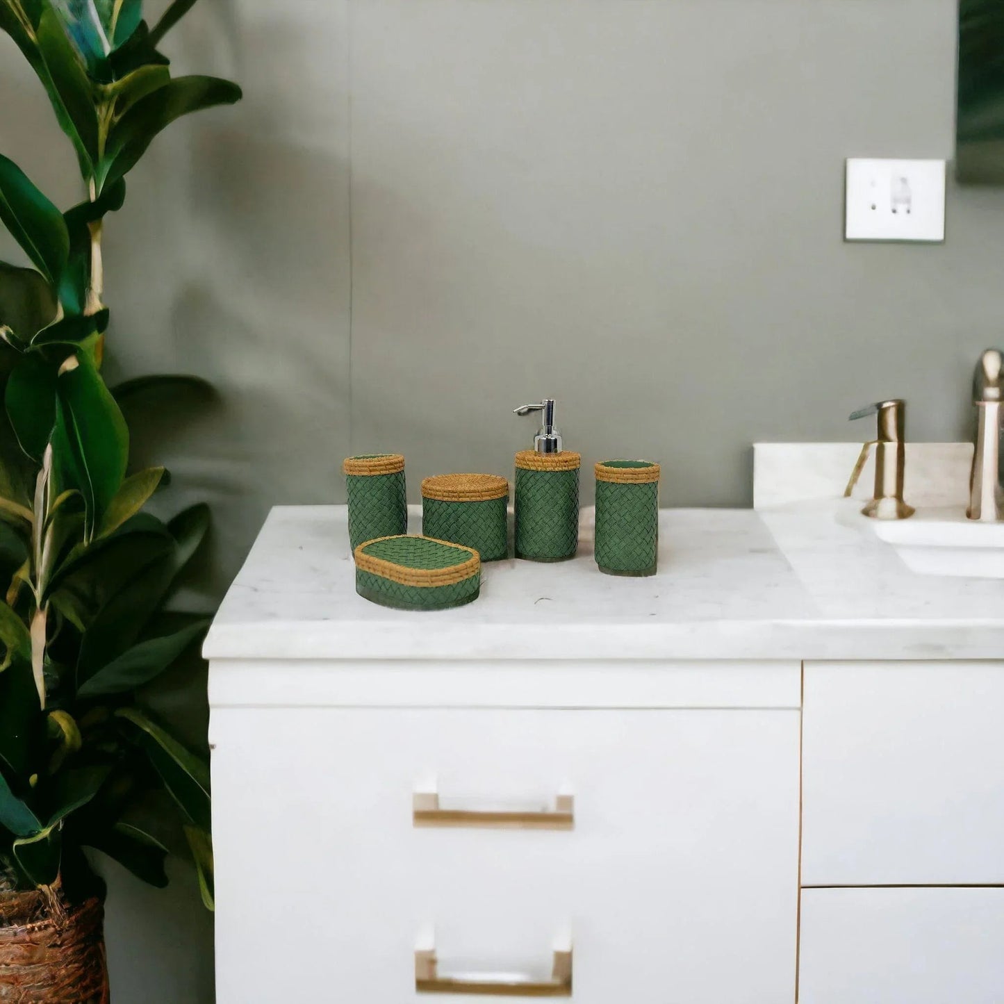Five Piece Bathroom Set in Green and Beige Colors - PoshaBella