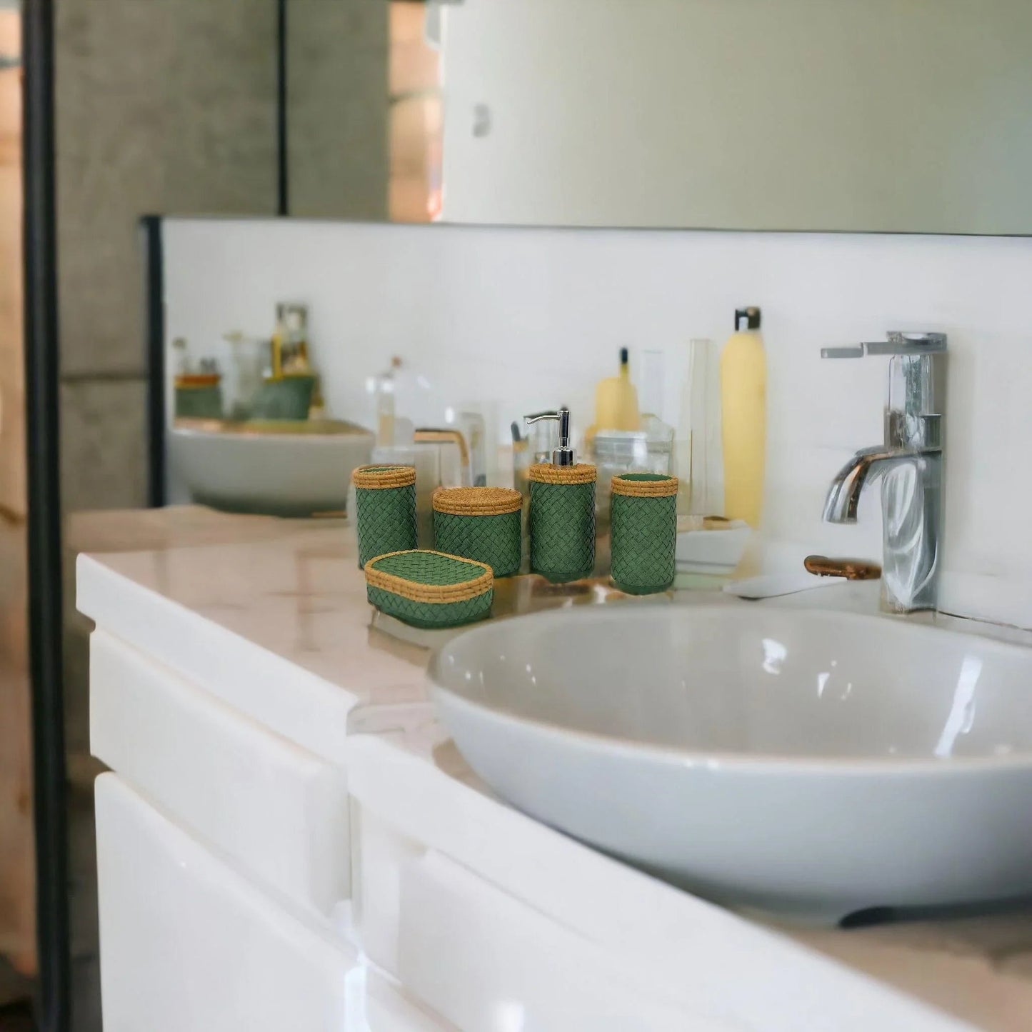 Five Piece Bathroom Set in Green and Beige Colors - PoshaBella