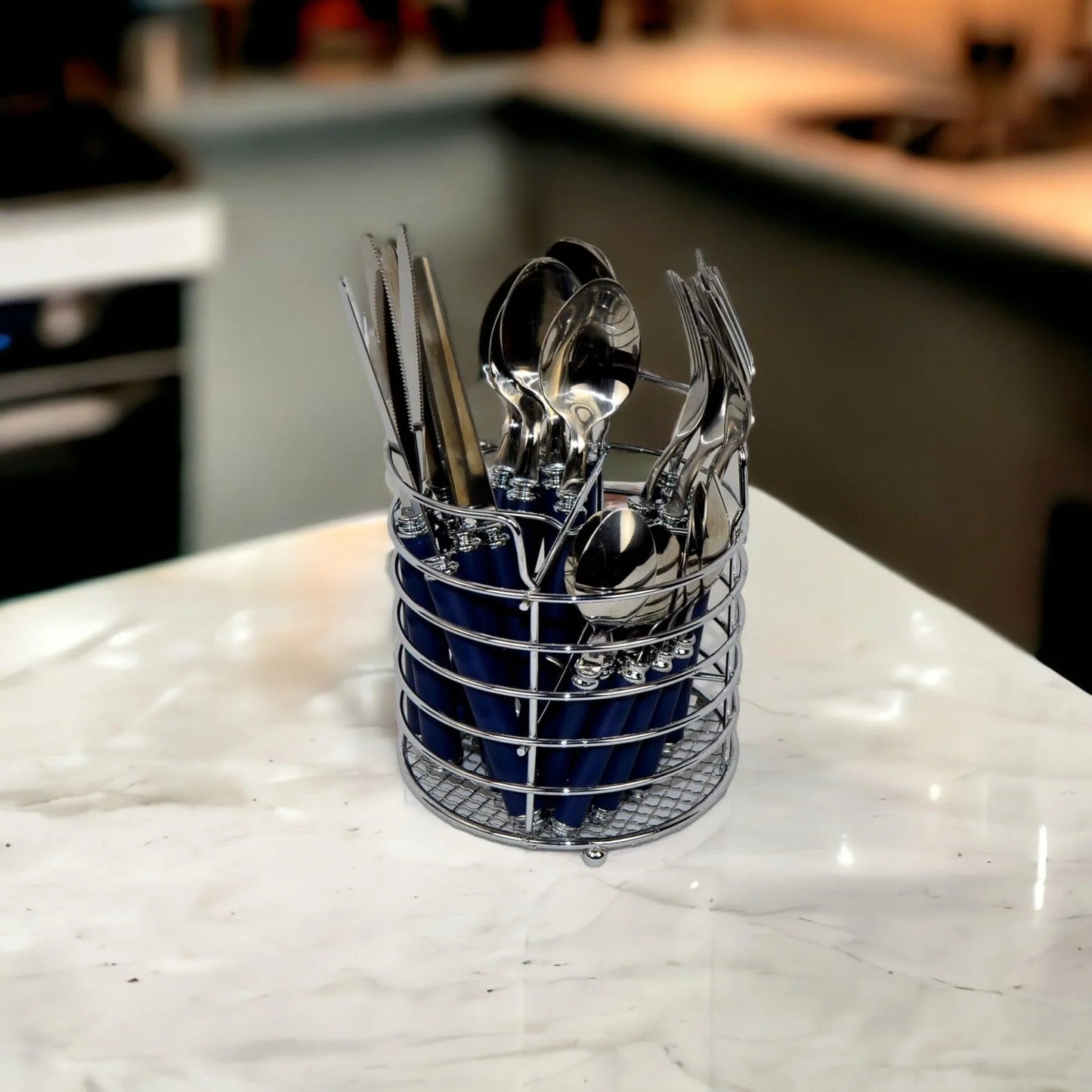 Flatware Set with Blue Handles and Storage Cady - PoshaBella