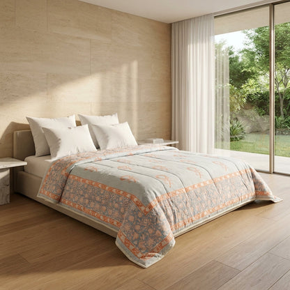 Blue Grey & Peach Floral Jaipur Indian Hand Block Print Quilted Comforter