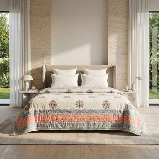 Cream & Dusty Blue Mauve Floral Jaipur Indian Hand Block Print Quilted Comforter