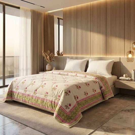 Cream & Deep Rose Olive Floral Jaipur Indian Hand Block Print Quilted Comforter
