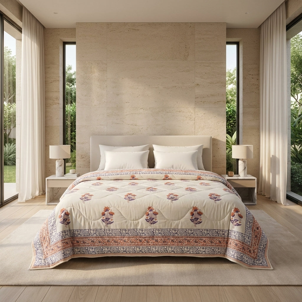 Lavender Grey & Cream Floral Jaipur Indian Hand Block Print Quilted Comforter