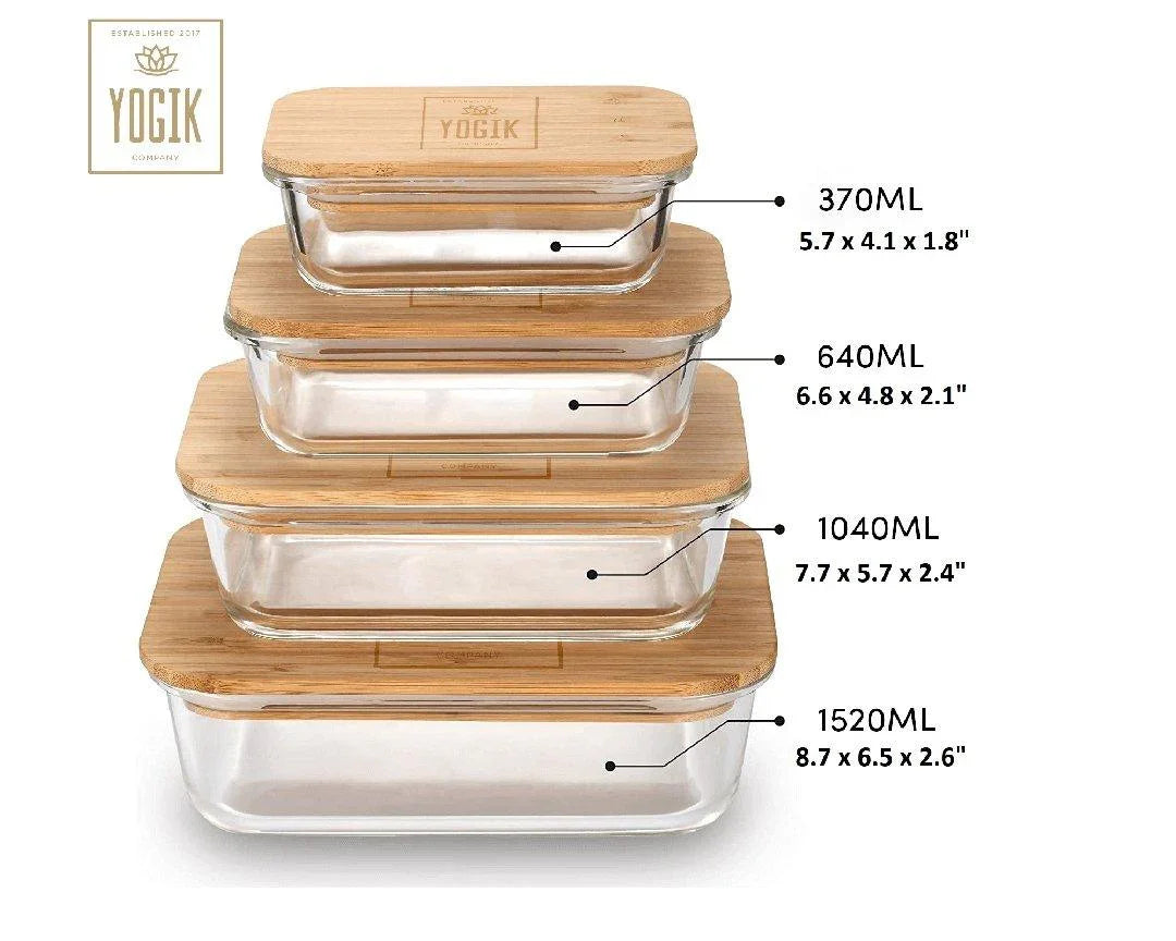 Food Storage Containers | Set of 4 Glass with Insulated Bamboo Covers - PoshaBella
