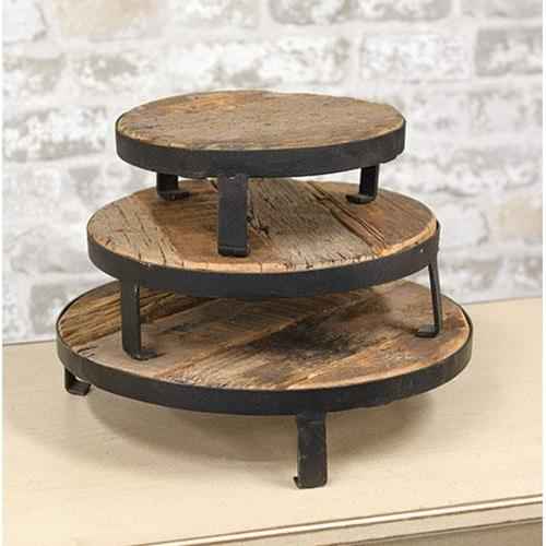 Set of Three Weathered Wood and Metal Round Risers