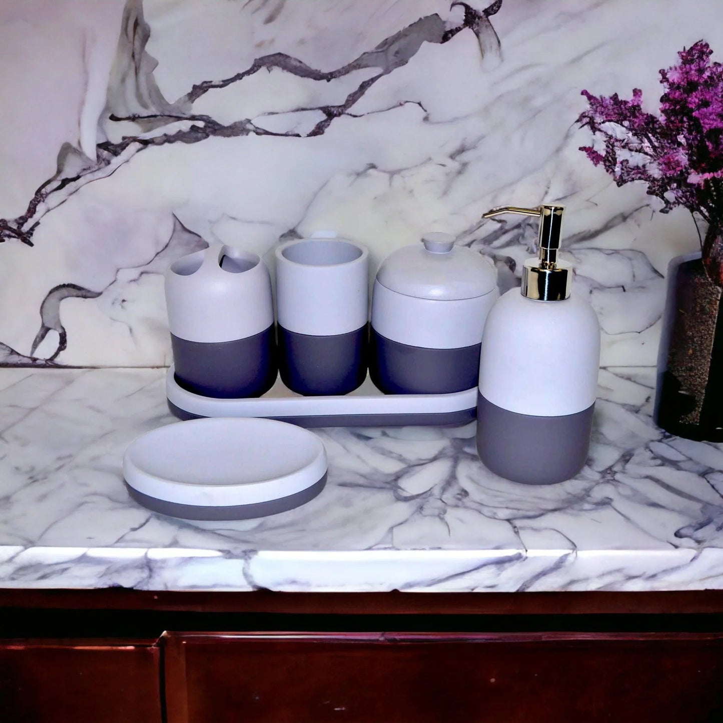 Gray Bathroom Accessories Set with Vanity Tray - PoshaBella