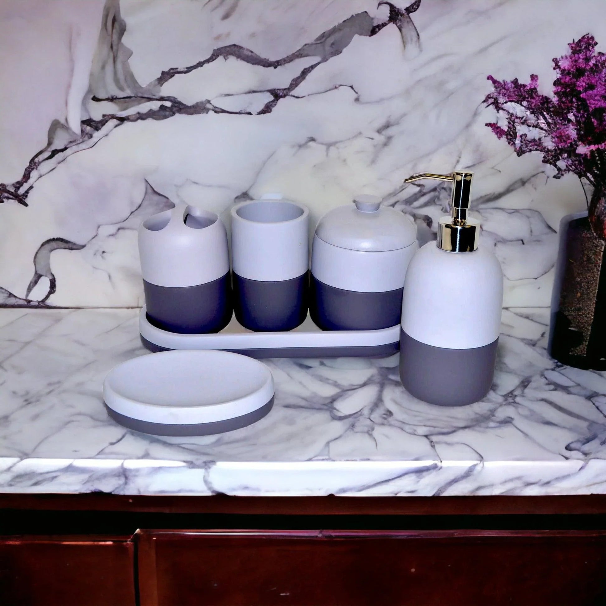 Gray Bathroom Accessories Set with Vanity Tray - PoshaBella