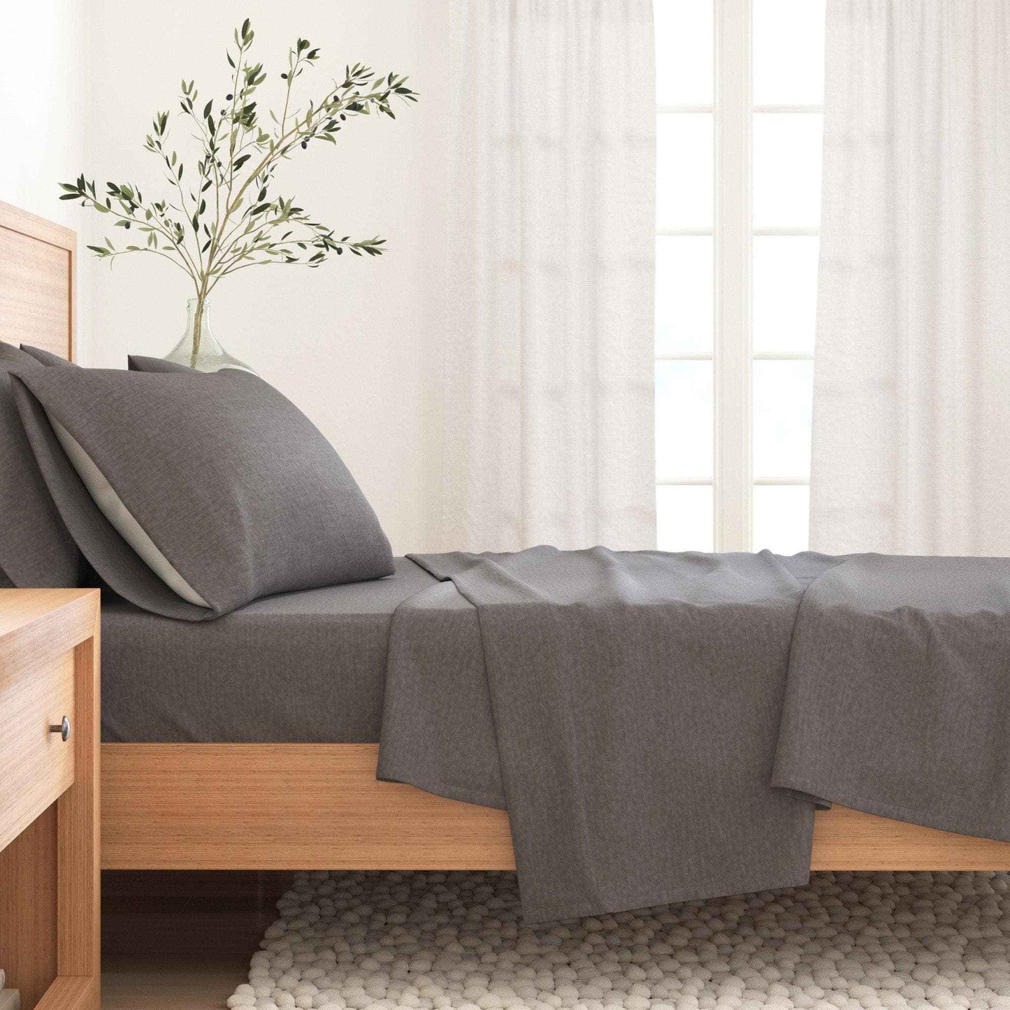 4 Piece Heathered Solid Cotton Blend Flannel Sheet Set - Anders Collection