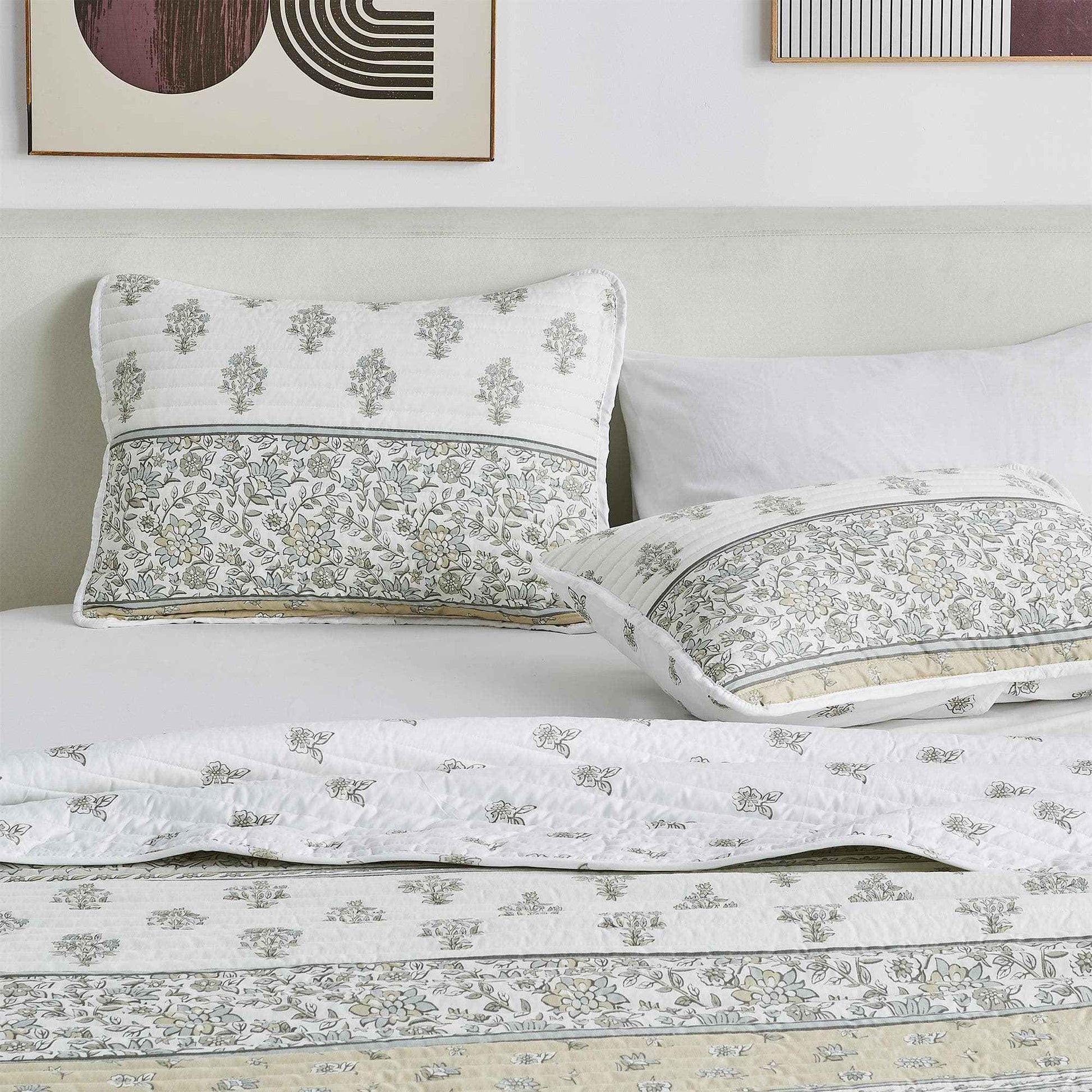 Floral Striped Microfiber Quilt Set - Hermine Collection