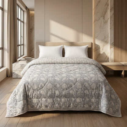 Soft Grey & Cream Floral Jaipur Indian Hand Block Print Quilted Comforter