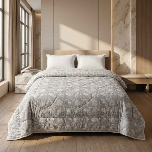 Soft Grey & Cream Floral Jaipur Indian Hand Block Print Quilted Comforter