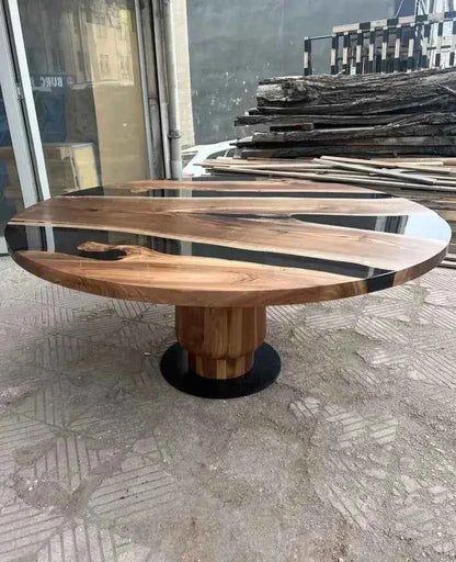 Round Epoxy Resin Table with Wooden Tulip Base Made of Walnut