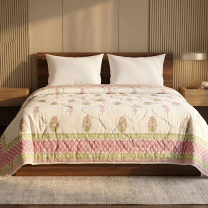 Cream & Rose Pink Floral Jaipur Indian Hand Block Print Quilted Comforter