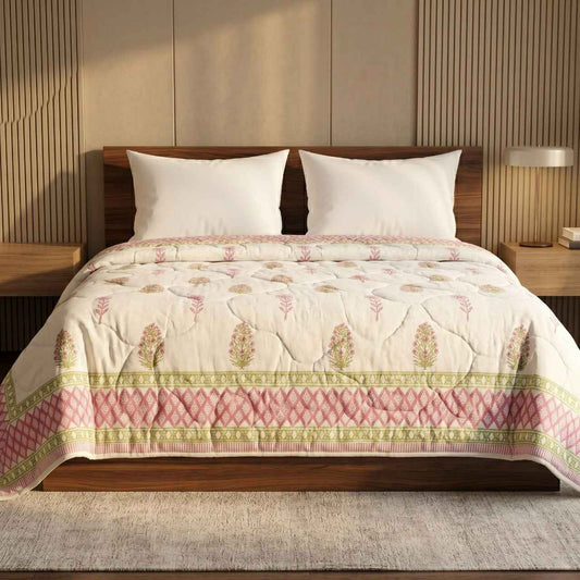 Cream & Rose Pink Floral Jaipur Indian Hand Block Print Quilted Comforter