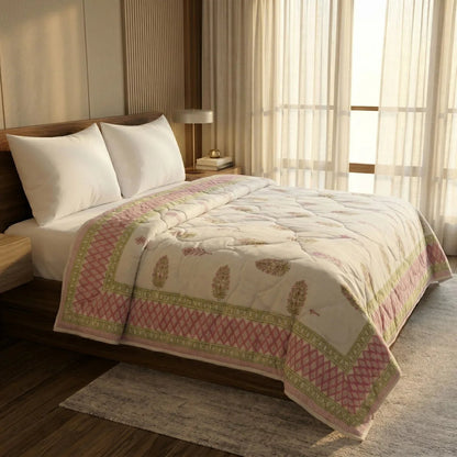 Cream & Rose Pink Floral Jaipur Indian Hand Block Print Quilted Comforter
