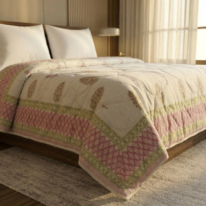 Cream & Rose Pink Floral Jaipur Indian Hand Block Print Quilted Comforter
