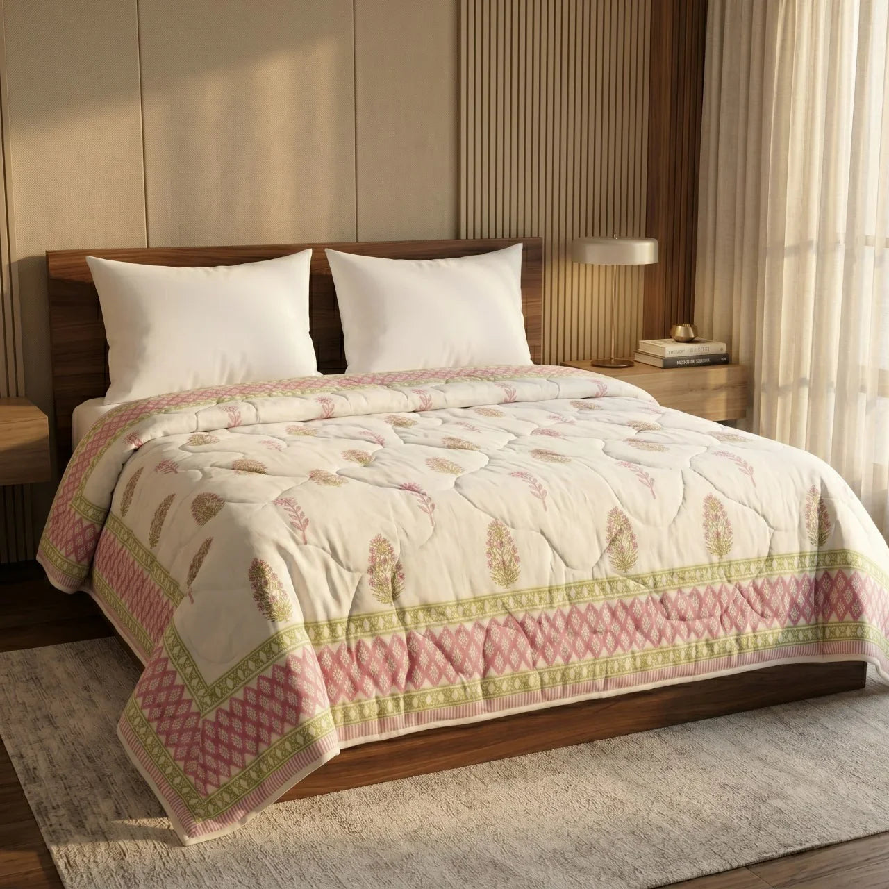 Cream & Rose Pink Floral Jaipur Indian Hand Block Print Quilted Comforter