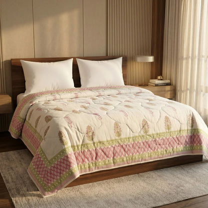 Cream & Rose Pink Floral Jaipur Indian Hand Block Print Quilted Comforter
