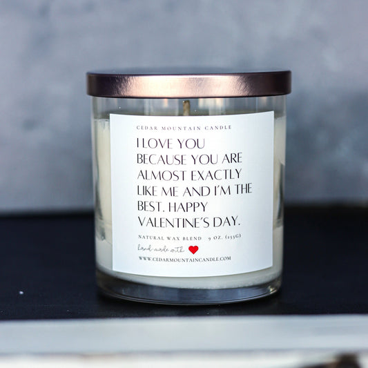"I love you because..." Valentine's Day 9 oz Whiskey Glass Jar Soy Candle - Choose Your Scent - PoshaBella