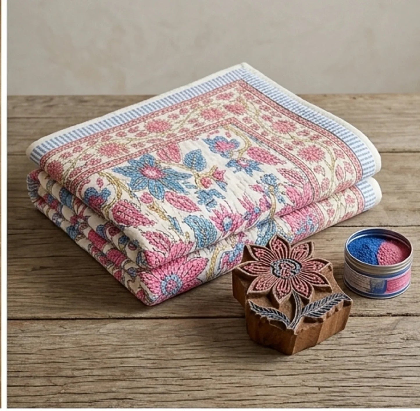 Cream & Rose Pink Dusty Blue Floral Jaipur Indian Hand Block Print Quilted Comforter