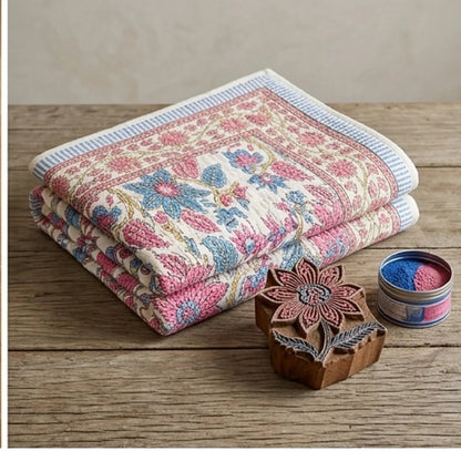 Cream & Rose Pink Dusty Blue Floral Jaipur Indian Hand Block Print Quilted Comforter
