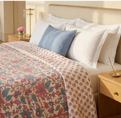 Cream & Rose Pink Dusty Blue Floral Jaipur Indian Hand Block Print Quilted Comforter