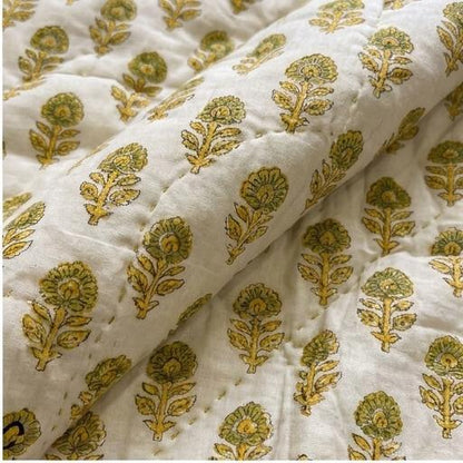 Cream & Mustard Yellow Floral Jaipur Indian Hand Block Print Quilted Comforter