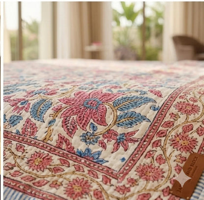 Cream & Rose Pink Dusty Blue Floral Jaipur Indian Hand Block Print Quilted Comforter