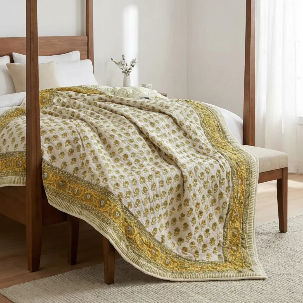 Cream & Mustard Yellow Floral Jaipur Indian Hand Block Print Quilted Comforter