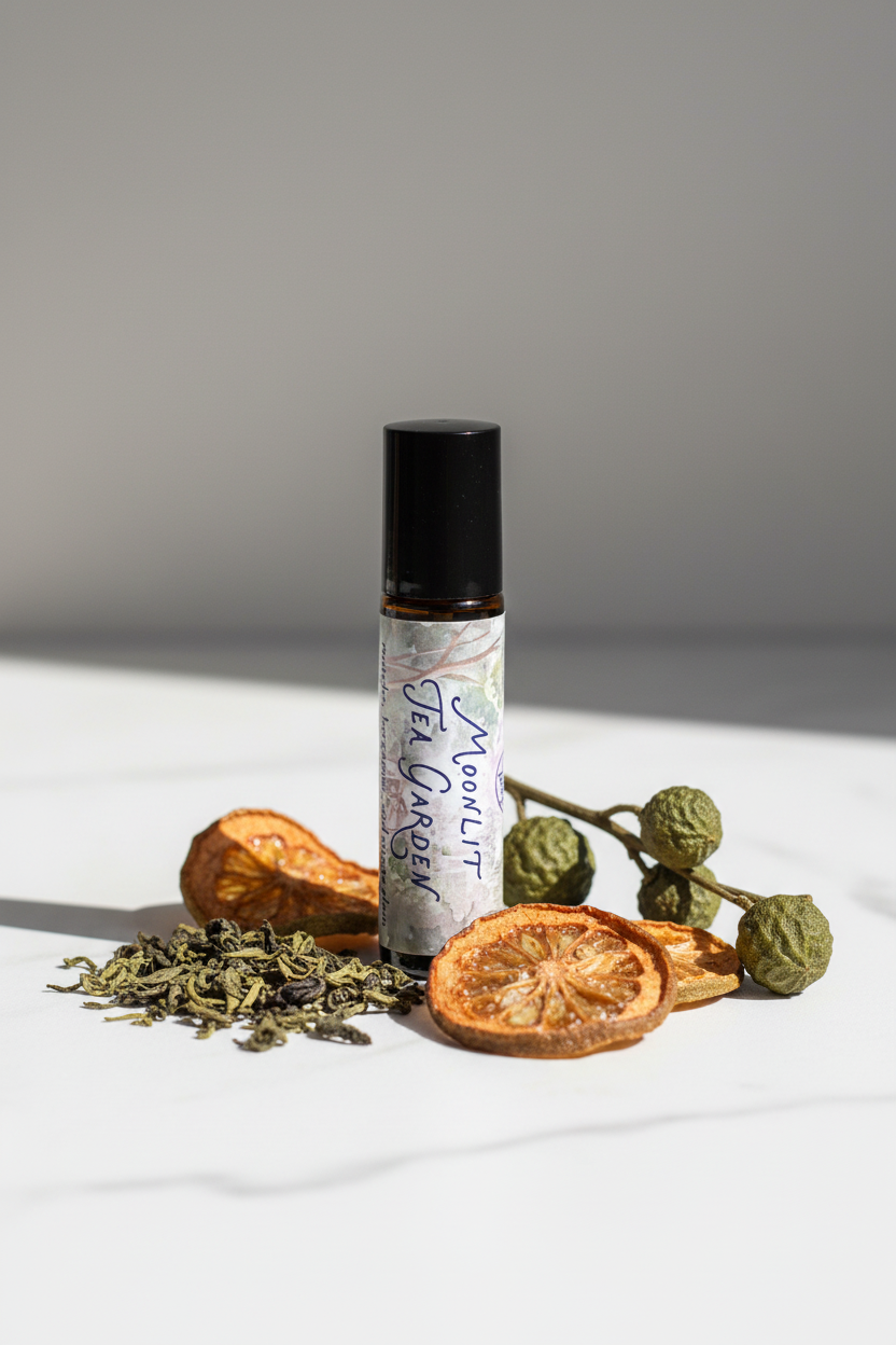 Moonlit Tea Garden perfume oil upright with botanicals on marble