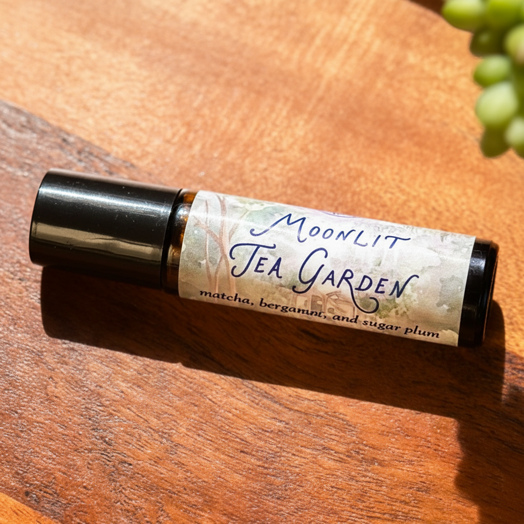 Close-up detail shot of Moonlit Tea Garden perfume oil label