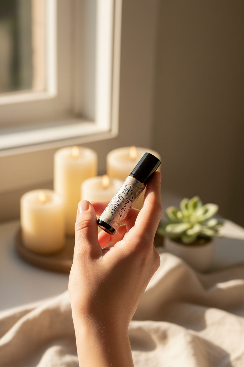 Lifestyle shot of Moonlit Tea Garden perfume oil being applied to wrist