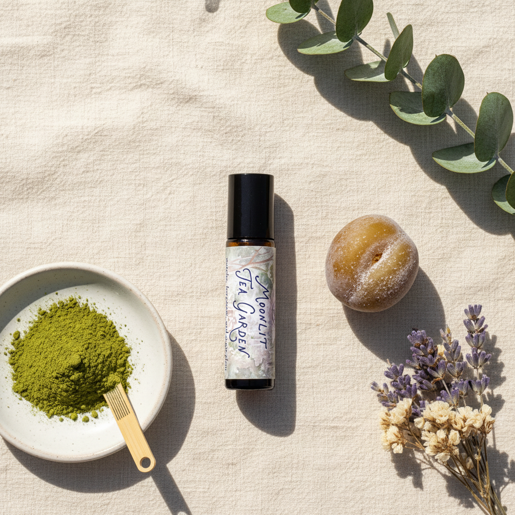 Flat lay of Moonlit Tea Garden perfume oil on linen with botanicals