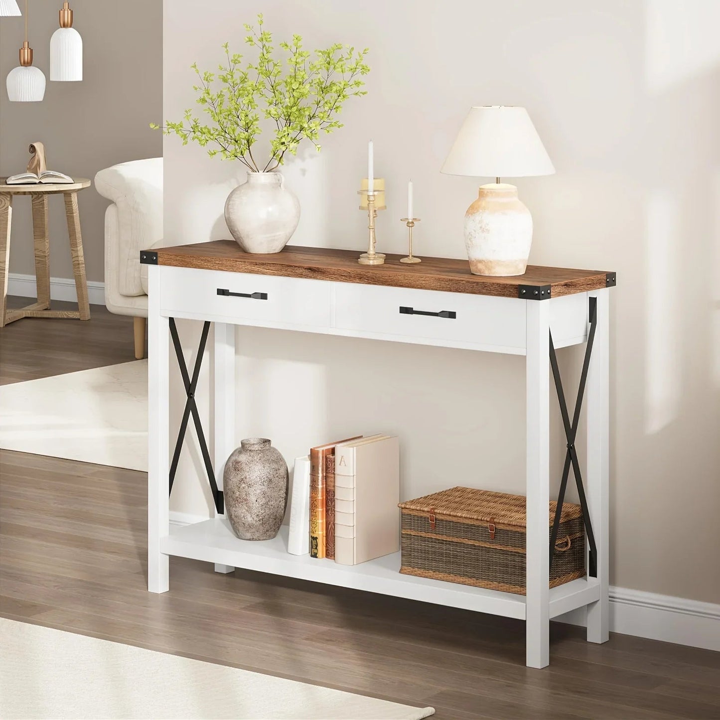 Industrial Farmhouse Entryway Table - Console Table with 2 Drawers, Heavy-Duty Sofa Table, Scratch-Resistant, Easy Assembly, Living Room, Hallway, Foyer Furniture for Farmhouse, Modern, Traditional Decor - Space-Saving Narrow